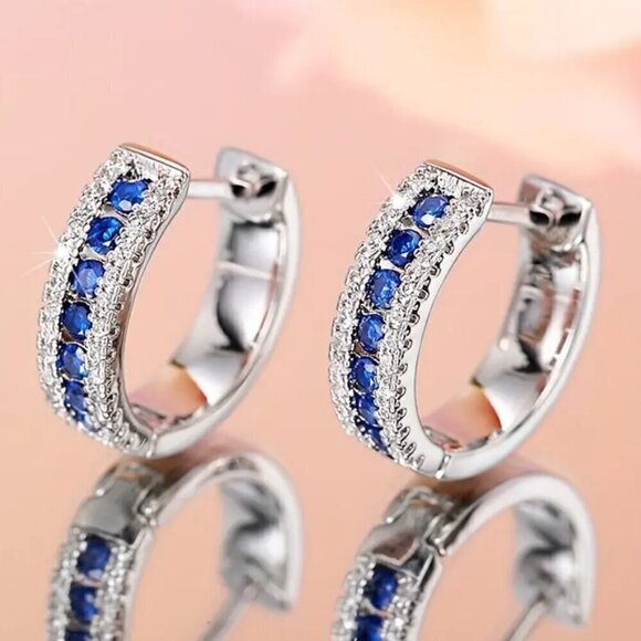 Small Huggie Earrings with Tons of Bling Blue Zircon #1412 - Picture 4 of 6